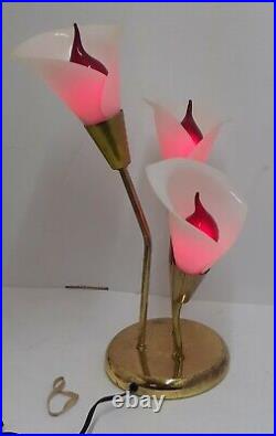 Vintage 70s 80s Art Deco Style Post Modern Calla Lily Pink Floral 3 Bloom Lamp