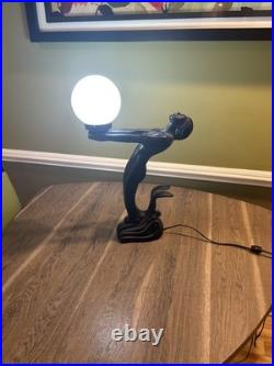 Vintage 70s Art Deco Collectible Mermaid Table Lamp Black Glass Globe
