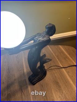Vintage 70s Art Deco Collectible Mermaid Table Lamp Black Glass Globe