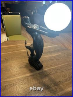 Vintage 70s Art Deco Collectible Mermaid Table Lamp Black Glass Globe