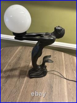 Vintage 70s Art Deco Collectible Mermaid Table Lamp Black Glass Globe
