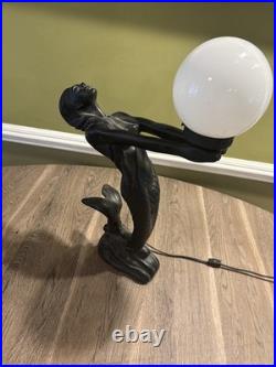 Vintage 70s Art Deco Collectible Mermaid Table Lamp Black Glass Globe