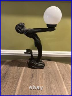 Vintage 70s Art Deco Collectible Mermaid Table Lamp Black Glass Globe