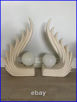 Vintage 80s New Wave Regency Ceramic Lamp Art Deco Glass Globe Modernist A Pair