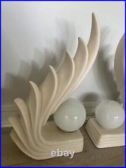 Vintage 80s New Wave Regency Ceramic Lamp Art Deco Glass Globe Modernist A Pair