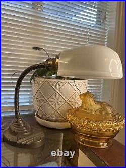 Vintage ART DECO INDUSTIRAL Gooseneck EAGLE Desk Lamp Milk Glass Shade WORKS