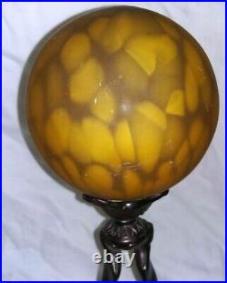 Vintage ART DECO LADY HOLDING Amber Glass BALL Table LAMP Nouveau Metal 16