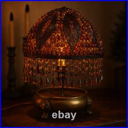 Vintage Amber Beaded Boudoir Lamp. Art Deco Brass Base. Handmade Bead Shade