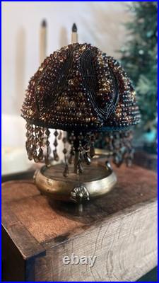Vintage Amber Beaded Boudoir Lamp. Art Deco Brass Base. Handmade Bead Shade