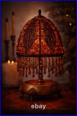 Vintage Amber Beaded Boudoir Lamp. Art Deco Brass Base. Handmade Bead Shade