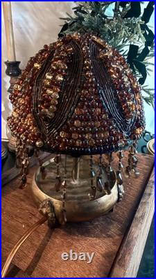 Vintage Amber Beaded Boudoir Lamp. Art Deco Brass Base. Handmade Bead Shade