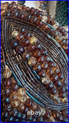 Vintage Amber Beaded Boudoir Lamp. Art Deco Brass Base. Handmade Bead Shade