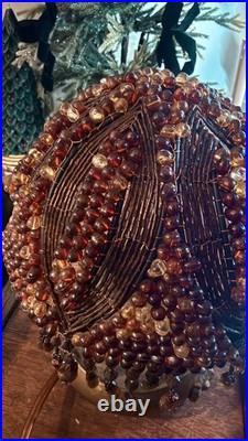 Vintage Amber Beaded Boudoir Lamp. Art Deco Brass Base. Handmade Bead Shade
