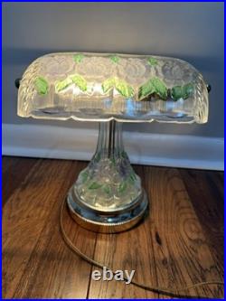 Vintage Anna Hutte Bleikristall Floral Glass Banker's Style Desk Lamp RARE 12