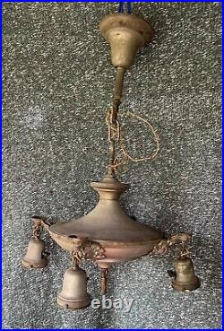 Vintage Antique 1930s Ceiling Light Fixture Pendant Chandelier Art Deco Brass