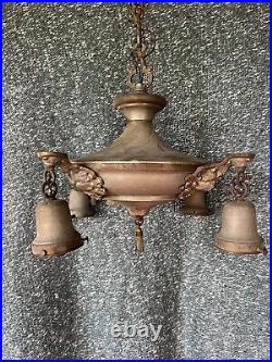 Vintage Antique 1930s Ceiling Light Fixture Pendant Chandelier Art Deco Brass