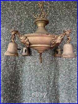 Vintage Antique 1930s Ceiling Light Fixture Pendant Chandelier Art Deco Brass