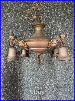 Vintage Antique 1930s Ceiling Light Fixture Pendant Chandelier Art Deco Brass