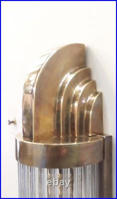 Vintage Antique Art Deco Brass & Glass Rod Ship Light Fixture Wall Sconces Lamp