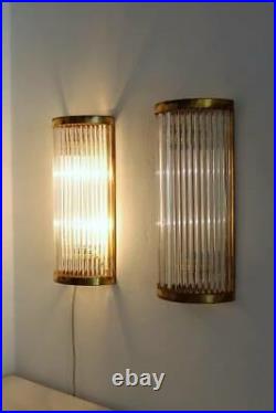 Vintage Antique Art Deco Style Wall Sconces with Glass Rods & Brass Set of Two