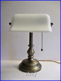 Vintage Antique Brass 14 Bankers Library Desk Lamp Frosted White Glass Shade