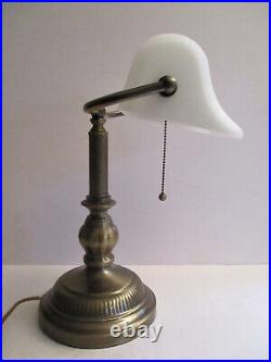 Vintage Antique Brass 14 Bankers Library Desk Lamp Frosted White Glass Shade