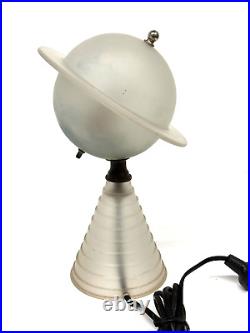 Vintage Art Deco 1939 Worlds Fair Frosted White Glass with Blue Saturn Lamp