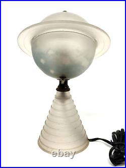 Vintage Art Deco 1939 Worlds Fair Frosted White Glass with Blue Saturn Lamp