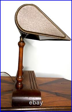 Vintage Art Deco 30s 40s Bankers Desk Lamp Industrial Wood Base Metal Shade