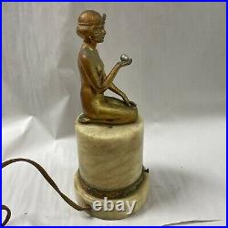 Vintage Art Deco Alabaster Spelter Figural Lamp Kneeling Flapper Girl with Pearl