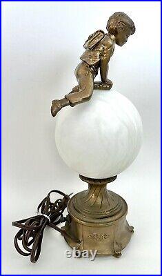 Vintage Art Deco Alabaster Spelter Figural Lamp SITTING BOY ON THE SHADE. WORKS