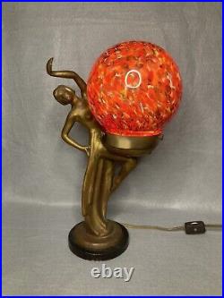 Vintage Art Deco Art nouveau Figural Bronze Multicolored Globe Shade Table Lamp