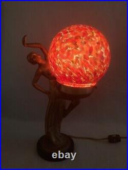 Vintage Art Deco Art nouveau Figural Bronze Multicolored Globe Shade Table Lamp