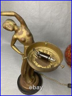 Vintage Art Deco Art nouveau Figural Bronze Multicolored Globe Shade Table Lamp