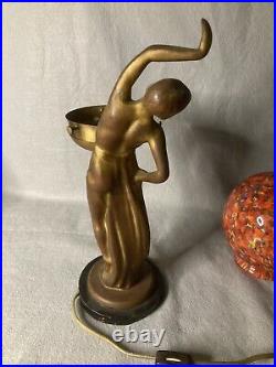 Vintage Art Deco Art nouveau Figural Bronze Multicolored Globe Shade Table Lamp