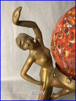 Vintage Art Deco Art nouveau Figural Bronze Multicolored Globe Shade Table Lamp