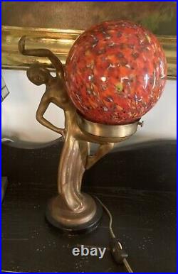 Vintage Art Deco Art nouveau Figural Bronze Multicolored Globe Shade Table Lamp