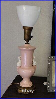 Vintage Art Deco Asian Milk Glass White and Pink Table Lamp With Shade