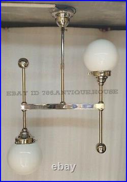 Vintage Art Deco Bauhaus Fixture Ceiling Nickel Brass Hanging Light Milk Glass
