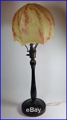Vintage Art Deco Black Gilded Chinoiserie Painted Wooden Table Lamp Base & Shade