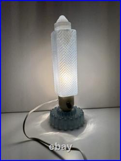 Vintage Art Deco Blue Frosted Bullet \ Skyscraper Boudoir Lamp