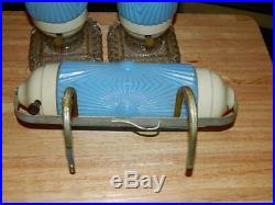 Vintage Art Deco Blue Glass Torpedo Boudoir Headboard and Table Lamps