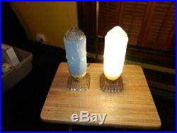 Vintage Art Deco Blue Glass Torpedo Boudoir Headboard and Table Lamps
