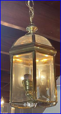 Vintage Art Deco Brass & Glass Hall Lantern Pendant Foyer Hanging Light Lamp