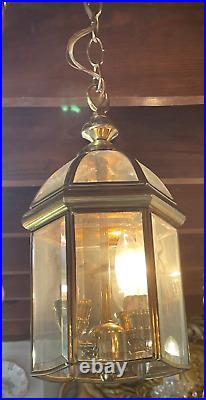 Vintage Art Deco Brass & Glass Hall Lantern Pendant Foyer Hanging Light Lamp