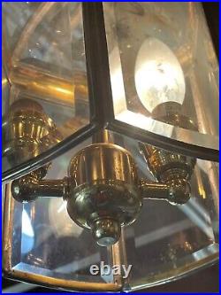 Vintage Art Deco Brass & Glass Hall Lantern Pendant Foyer Hanging Light Lamp