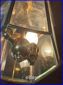 Vintage Art Deco Brass & Glass Hall Lantern Pendant Foyer Hanging Light Lamp