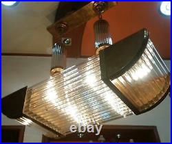 Vintage Art Deco Brass & Glass Rod Ceiling Fixture 6 Light Ship Chandelier Lamp