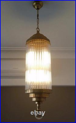 Vintage Art Deco Brass & Glass Rod Hanging Ceiling Fixture Chandelier Light Lamp