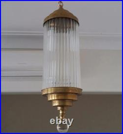 Vintage Art Deco Brass & Glass Rod Hanging Ceiling Fixture Chandelier Light Lamp